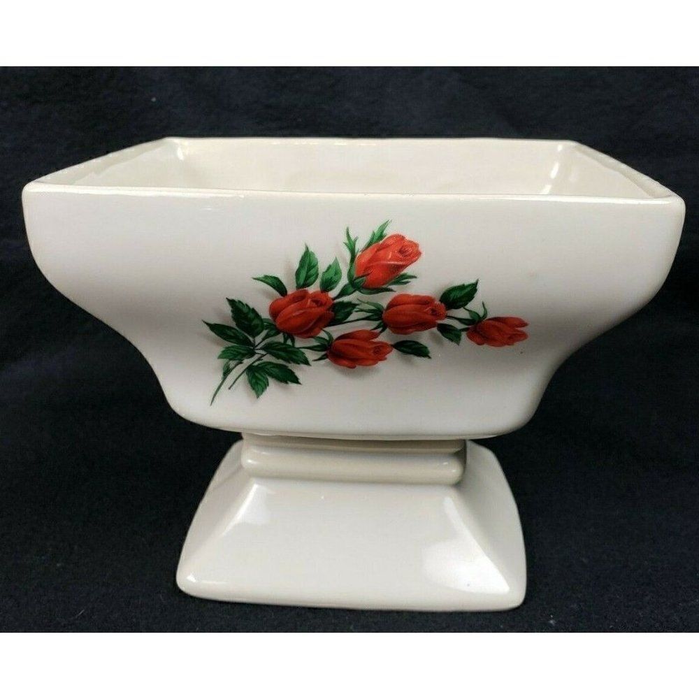 Vintage 50s McCoy Pottery Ivory Red Roses 5.5" Pedestal Planter #325 USA Floral